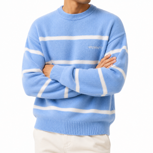 Pull en tricot rayé pour homme en mélange coton/acrylique avec logo personnalisé |   Pull à col rond à manches longues |   Pull en maille douce de qualité supérieure - Product Image 5