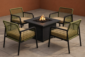 Outdoor Rattan Garden Set Square <b>Fire</b> <b>Pit</b> <b>Table</b> With 4 Woven Chairs Contemporary Patio Furniture Weather Resistant - Product Image 1