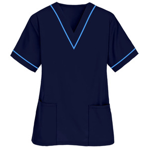 Haut de blouse médicale bleu marine pour femme, manches courtes, col en V, uniforme d'infirmière d'hôpital avec bordure bleu clair - Product Image 1