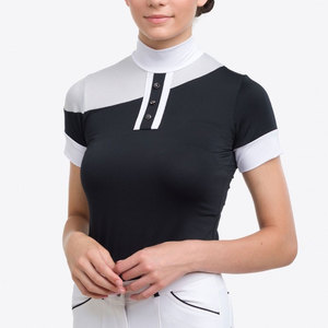 Camisa de equitación para mujer con bloques de color, manga corta, cuello alto, cierre de botones, top de punto transpirable - Product Image 2