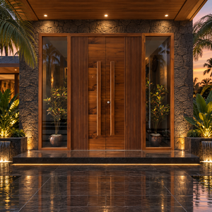 Porte d'entrée double en bois massif classique et minimaliste pour villa, avec panneaux latéraux en verre et design à bande décorative - Product Image 1
