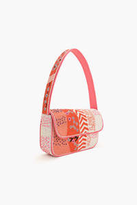 Bolso Rectangular Bordado a Mano con Patrones Florales y Geométricos en Tonos Rosa y Naranja, Forro de Poliéster y Lona de Algodón, Ecológico - Product Image 2