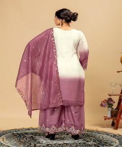 Traje Palazzo Bordado Degradado de Blanco a Morado para Mujer, Estilo Holgado Tradicional de India y Pakistán 86389 SWAROOP-ST-1198 - Product Image 2