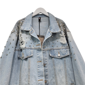 Long Sleeve Lapel Pocket Button Cardigan Women Denim Jacket Beaded <b>Rivet</b> Washed Fashion Ladies Coat Streetwear Outerwear - Product Image 4