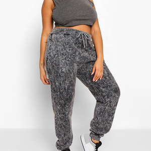 Hot Selling <b>Women</b> Mid Waist Acid Wash <b>Winter</b> Elastic Waist Flat Front Jogger Pant Terry Cotton <b>Trousers</b> with Side Pockets - Product Image 1