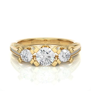 Bague en or massif 9k 10k 14k 18k avec trois diamants de laboratoire, sertissage micro-pavé, diamant rond taille brillant, bagues de mariage en or - Product Image 1