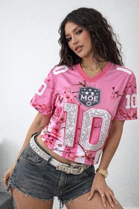 Maillot de football rose personnalisé unisexe, maillot Y2K scintillant, numéro personnalisé, graphique en strass, t-shirts à col en V, maillot de football américain - Product Image 4