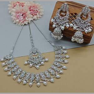 Silver Plated Fine Jewelry <b>Set</b> with Crystal Stone and <b>Beads</b> 10581268WH Necklace - Product Image 1