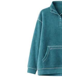 Sweat-shirt surdimensionné en polaire vert sarcelle pour femme, col à boutons, poche kangourou, épais, fabriqué sur mesure - Product Image 3