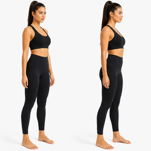 Women Solid <b>Black</b> Yoga 2 Set High Waist <b>Leggings</b> Sports Bra Anti-Bacterial Breathable Seamless Fitness Gym Workout Activewear - Product Image 6