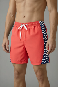 Shorts de Baño Color Coral para Hombre con Paneles Laterales con Diseño de Olas Azul Marino, Cintura con Cordón Ajustable, Prenda de Verano Transpirable de Poliéster - Product Image 1