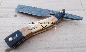 Rasoirs de barbier droits en acier de Damas, bois, os de chameau et corne de taureau - Product Image 3