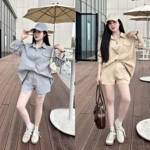 Ensemble haut long sans manches et short pour femme, été, en polyester, coton et élasthanne écologiques, décontracté, uni, haute qualité, fabriqué au Vietnam - Product Image 4