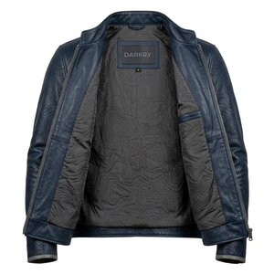 Chaqueta de Cuero Personalizada Azul Marino para Hombre, Chaqueta de Motero con Líneas de Contorno Topográficas en Relieve, Piel de Vacuno Auténtica, Ropa de Calle, Venta al Por Mayor - Product Image 5