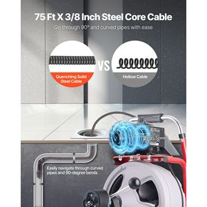 Macchina Portatile per la Pulizia degli Scarichi con Ruote a Spirale da 75 FT x 3/8 Pollici e Alimentazione Automatica, 8 Sezioni - Product Image 3