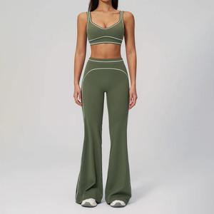 Women Yoga Set Seamless High Waist <b>Flare</b> <b>Leggings</b> and Sports Bra Two Piece Workout Gym Fitness Athletic Apparel Outfit - Product Image 1