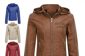Custom Logo Women PU Leather Hooded Motorcycle <b>Jacket</b> Windproof Full Sleeve Zipper Front Embossed Solid Color Autumn Wear - Product Image 3