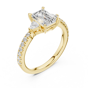 Bague de fiançailles en or jaune avec diamant taille émeraude et trois pierres, bague de mariage pavée pour femme - Product Image 4