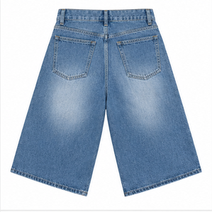 <b>Men's</b> Light Wash Denim Shorts <b>Wide</b> <b>Leg</b> Casual Summer Three Quarter <b>Jeans</b> Button - Product Image 2