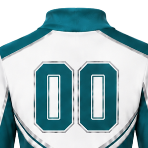 Teal White Sublimated Cheer <b>Long</b> Sleeve Uniform Set <b>Pleated</b> <b>Skirt</b> Athletic Team Sportswear Training Practice Performance Custom - Product Image 5