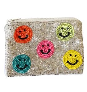 Porte-monnaie artisanal perlé Jaunty avec visages souriants brodés, pochette zippée colorée, style classique, en coton, pour usage quotidien, sac familial - Product Image 4