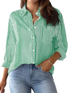 Womens 100% Polyester Woven Button Shirt <b>Long</b> Sleeve Striped Eco-Friendly Office Blouse Professional Work Classic Collared <b>Top</b> - Product Image 1