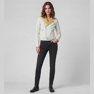 Blouson de motard en cuir PU pour homme, personnalisé, blanc et jaune contrasté, col à revers, ceinturé, coupe ajustée, vêtement d'extérieur d'automne - Product Image 3