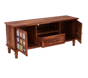 Console multimédia en bois massif de style vintage |   Meuble TV coloré avec façade en carreaux |   Vente en gros B2B Inde - Product Image 3