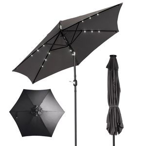 Ombrellone da Esterno Solare a LED da 2,7 m con Pulsante di Inclinazione e Manovella, 6 Stecche, in Poliestere Impermeabile, per Patio e Tavoli da Mercato - Product Image 1