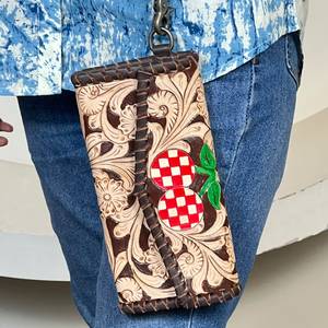 <b>Women</b>’s Handmade Tooled Floral Carved Genuine Leather <b>Women's</b> Clutches Cute Cherry Design Wristlet Evening <b>Card</b> Holder <b>Wallet</b> - Product Image 3
