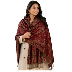 Women's Long Cashmere <b>Shawl</b> Maroon Winter <b>Wrap</b> Scarf with Fringe Edge - Product Image 3