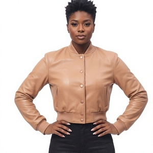 <b>Women's</b> Green Varsity <b>Jacket</b> With <b>Tan</b> Genuine Leather Sleeves Contrast Color Woolen Coat - Product Image 5
