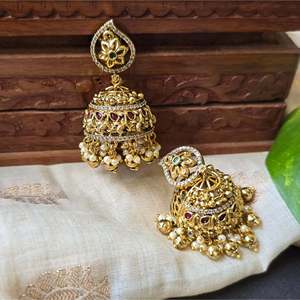 Drop Pearl Jhumka Earrings with Golden Beads for Wedding and Party - Product Image 1