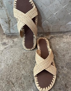 Handmade Woven Raffia Sandals, Boho Cross Strap Summer <b>Slides</b>, Minimalist Beach Flats - Product Image 1