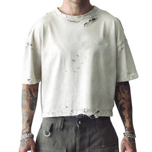 Camiseta Blanca Oversize Corta de Algodón para Hombre, Estilo Urbano, Desgastada, Manga Corta, Cuello Redondo, Ajuste Jersey - Product Image 1