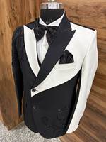 Costume de smoking brodé noir et blanc pour homme, grande taille, à double boutonnage |   Blazer de mariage de créateur fait main avec perles noires