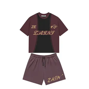 ZAINI 280 GSM Premium Knitted Breathable 100% Polyester T Shirt <b>Shorts</b> <b>Set</b> Green Black Contrast Panel Custom Logo Embossed Men's - Product Image 1