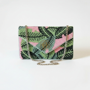 Pochette à motif géométrique de feuilles perlées avec chaîne, style bohème, fermeture à rabat pour soirée - Product Image 1