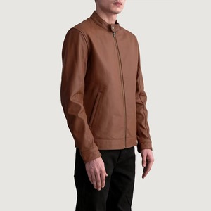 Veste en cuir véritable pour homme, couleur tan, coupe ajustée, en peau de mouton véritable, style café racer, col montant minimaliste, veste en cuir souple décontractée - Product Image 3