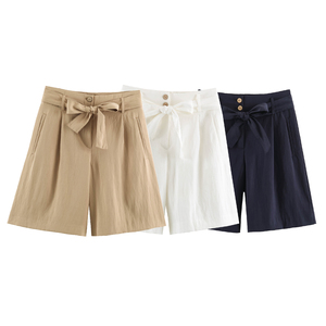 Shorts Bermuda taille haute pour femme, couleur unie, coton, nœud papillon, style décontracté, tissu respirant, coupe classique - Product Image 1