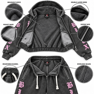 Conjunto de Sudadera Corta con Cremallera y Pantalones Anchos para Mujer, Estilo Gótico, Lavado Mineral, Directo de Fábrica Blimpex INT - Product Image 4