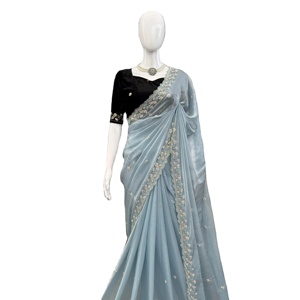 FENDY SILK DESIGNER SAREE <b>BEADS</b> WORK WITH VELVET BLOUSE WEDDING WEAR - Product Image 1