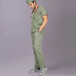 Men Green <b>Scrub</b> Set Short Sleeve V Neck Cotton Polyester Hospital <b>Uniforms</b> With Pockets And Stethoscope Loop - Product Image 2