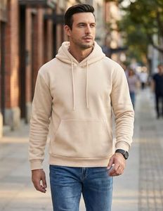 เสื้อฮู้ดผู้ชายสีเบจ ทรงปกติ ผ้าฝ้ายเฟรนช์เทอร์รี่ สไตล์ลำลอง สำหรับฤดูใบไม้ร่วง มีกระเป๋า ดีไซน์ถัก แขนยาว - Product Image 1