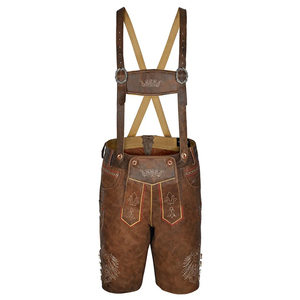 Premium Quality <b>Mens</b> Vintage <b>Brown</b> Leather Lederhosen <b>Shorts</b> with Cross Back Suspenders Criss Cross Lacing and Embroidery - Product Image 1