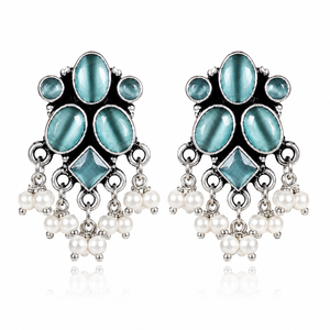 Pendientes Colgantes Bohemios Vintage de Flor de Perlas Plateadas Oxidadas de Latón al por Mayor, Joyería Tribal India ARTS JEWELS para Aniversario de Mujer - Product Image 1