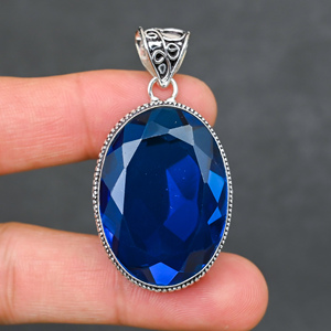 Magnifique pendentif en topaze bleue de Londres, pierre précieuse créée en laboratoire, en argent sterling 925, fait main, bijou statement, cadeau pour femme - Product Image 1