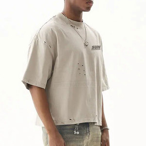 เสื้อยืดผู้ชายสไตล์ดิสเทรส 100% ผ้าฝ้าย พรีเมียม ลำลอง สตรีทแวร์ รับผลิตแบบ OEM แบรนด์ส่วนตัว ระบายอากาศได้ดี เป็นมิตรกับสิ่งแวดล้อม - Product Image 6