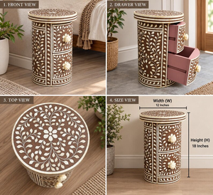 Mesa Auxiliar Floral con Incrustaciones de Hueso Hecha a Mano, Mesita de Noche Personalizable con Cajones, Mesa Decorativa para el Hogar - Product Image 4