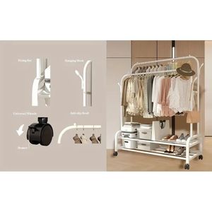 Perchero Metálico Resistente de Doble Barra con Ruedas, Organizador Portátil para Colgar Ropa, Modelo para Dormitorio, Lavandería o Armario - Product Image 5